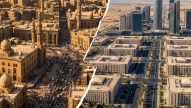 مقارنة جوية بين القاهرة القديمة المكتظة بالسكان والعاصمة الإدارية الجديدة لمصر الحديثة في الصحراء