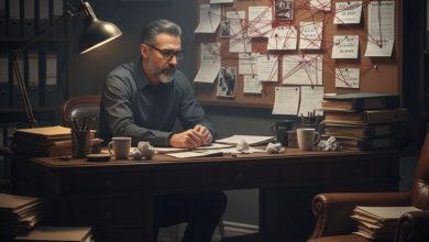 رجل أعمال يرتدي بدلة فاخرة يعد أوراقاً نقدية على مكتب مع وثائق مصرفية سرية في مكتب مظلم - تعبير عن غسيل الأموال