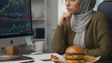 امرأة محجبة محترفة تجلس أمام شاشة كمبيوتر تعرض مخططات اقتصادية وأسعار صرف العملات، مع وجبة بيج ماك من ماكدونالدز على المكتب، توضح مفهوم مؤشر بيج ماك الاقتصادي