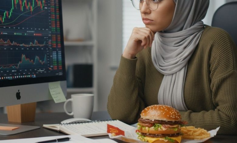 امرأة محجبة محترفة تجلس أمام شاشة كمبيوتر تعرض مخططات اقتصادية وأسعار صرف العملات، مع وجبة بيج ماك من ماكدونالدز على المكتب، توضح مفهوم مؤشر بيج ماك الاقتصادي