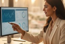 سيدة أعمال محترفة ترتدي بدلة بيج أنيقة تشير بقلمها إلى رسوم بيانية وتحليلات على شاشة كمبيوتر مزدوجة، تظهر تركيزاً وثقة أثناء عملية اتخاذ القرارات الذكية في مكتب حديث مضاء بإضاءة طبيعية دافئة