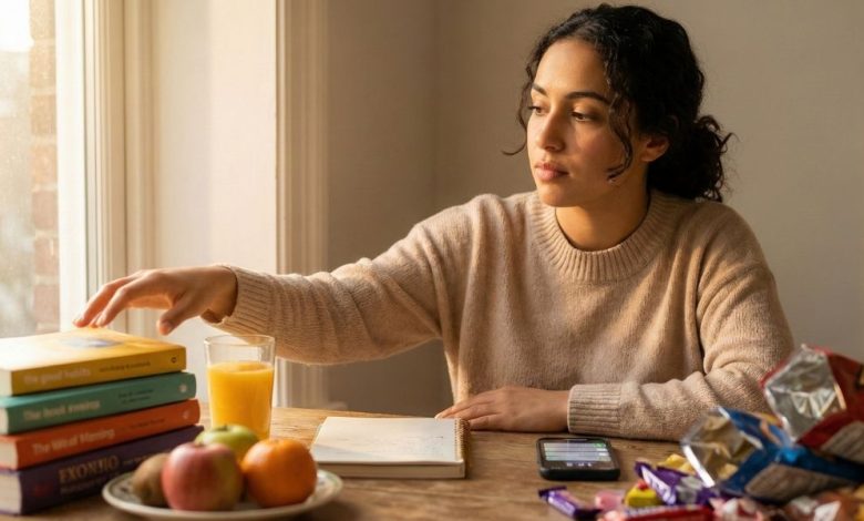 امرأة شابة جالسة على طاولة تختار بين الكتب والطعام الصحي على اليسار والوجبات السريعة والهاتف على اليمين، تمثل كيفية التخلص من العادات السيئة