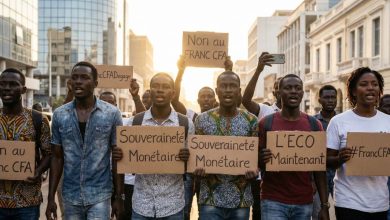 شباب أفارقة يحملون لافتات "Non au Franc CFA" و"Souveraineté Monétaire" و"L'ECO Maintenant" و"#FrancCFADegage" في مظاهرة سلمية ضد الهيمنة الاقتصادية الفرنسية على أفريقيا