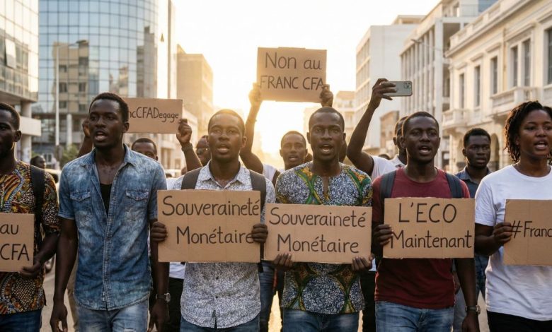 شباب أفارقة يحملون لافتات "Non au Franc CFA" و"Souveraineté Monétaire" و"L'ECO Maintenant" و"#FrancCFADegage" في مظاهرة سلمية ضد الهيمنة الاقتصادية الفرنسية على أفريقيا