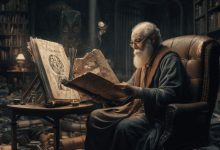 عالم مسن ذو لحية بيضاء يفحص مخطوطة قديمة غامضة في مكتبة مظلمة مليئة بالكتب القديمة والرموز الغريبة