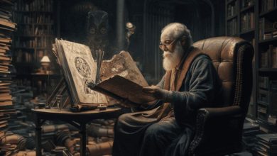 عالم مسن ذو لحية بيضاء يفحص مخطوطة قديمة غامضة في مكتبة مظلمة مليئة بالكتب القديمة والرموز الغريبة