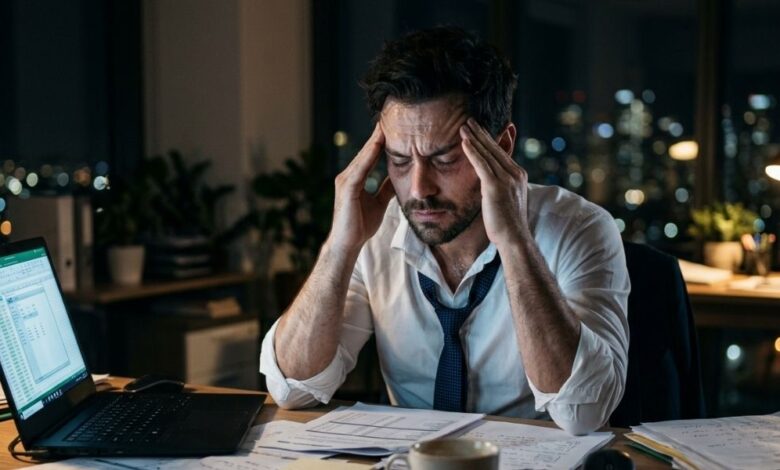 تأثير التوتر على الجسم — رجل يعاني من التوتر والإجهاد في العمل