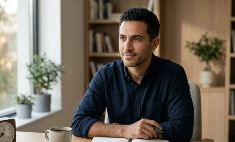 رجل يعمل في مكتبه بتركيز — مبادئ الإنتاجية