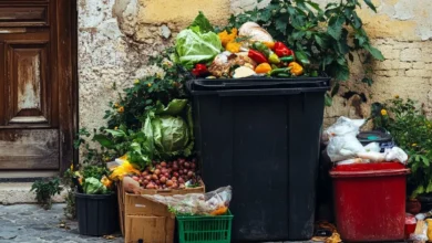صورة لقمامة طعام تحتوي على خضروات وفواكه طازجة ملقاة في سلة مهملات وصناديق، ترمز إلى هدر الطعام وسوء فهم تواريخ الصلاحية.