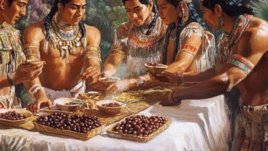 رجال ونساء من حضارة الأزتيك أو المايا في سوق تاريخي يعرضون ويتعاملون بحبوب الكاكاو، التي كانت تستخدم كعملة وسلعة ثمينة.