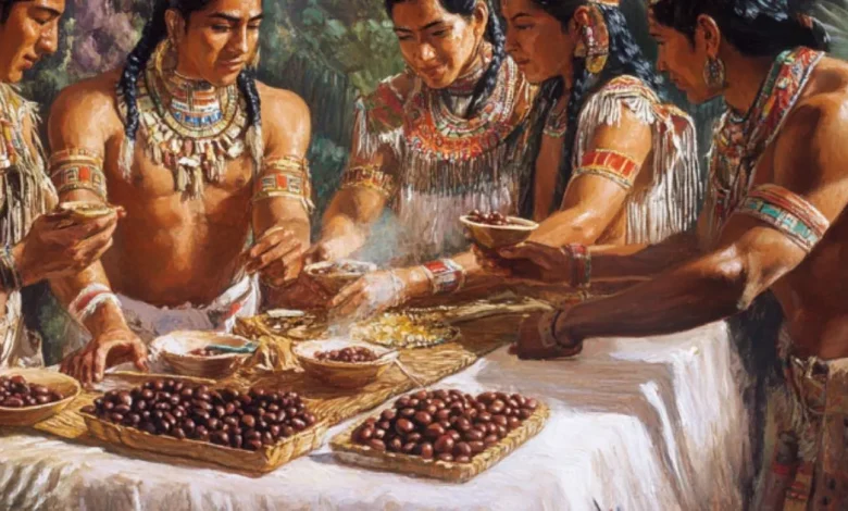 رجال ونساء من حضارة الأزتيك أو المايا في سوق تاريخي يعرضون ويتعاملون بحبوب الكاكاو، التي كانت تستخدم كعملة وسلعة ثمينة.