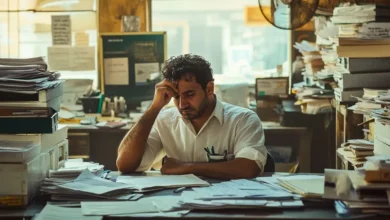 رجل يشعر بالإرهاق في مكتب حار ومزدحم – يوضح تأثير الحرارة على إنتاجية العمل في الدول النامية