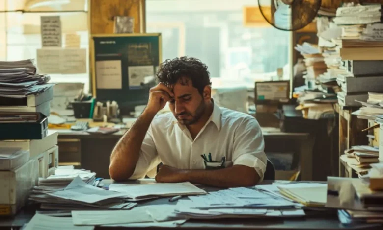 رجل يشعر بالإرهاق في مكتب حار ومزدحم – يوضح تأثير الحرارة على إنتاجية العمل في الدول النامية