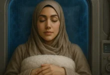 امرأة عربية شابة نائمة في كبسولة تجميد مستقبلية، تُجسد مفهوم السُبات البشري في بيئة عالية التقنية