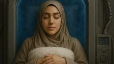 امرأة عربية شابة نائمة في كبسولة تجميد مستقبلية، تُجسد مفهوم السُبات البشري في بيئة عالية التقنية
