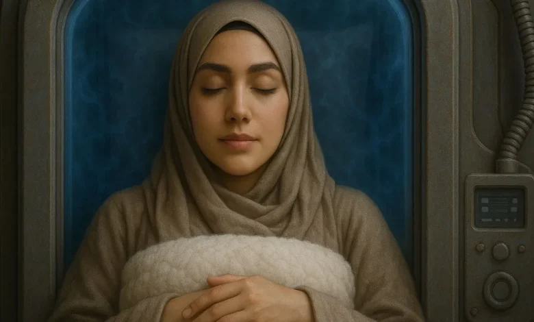 امرأة عربية شابة نائمة في كبسولة تجميد مستقبلية، تُجسد مفهوم السُبات البشري في بيئة عالية التقنية