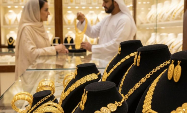 شراء الذهب في الإمارات - محل مجوهرات ذهبية فاخر في سوق الذهب بدبي مع عرض أساور وعقود ذهب عيار 22 و21 قيراط