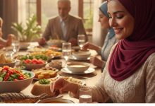 امرأة محجبة تبتسم وهي تفطر بالتمر والماء على مائدة رمضانية صحية مليئة بالسلطة والشوربة والفواكه، مع عائلتها في أجواء دافئة