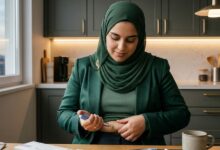 أدوية GLP-1 لإنقاص الوزن - العنوان (Title) : امرأة محجبة تستخدم دواء GLP-1 لإنقاص الوزن في المنزل