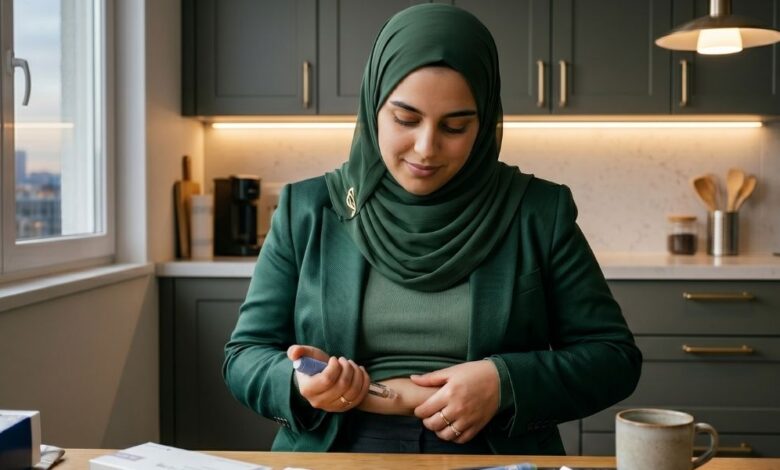 أدوية GLP-1 لإنقاص الوزن - العنوان (Title) : امرأة محجبة تستخدم دواء GLP-1 لإنقاص الوزن في المنزل